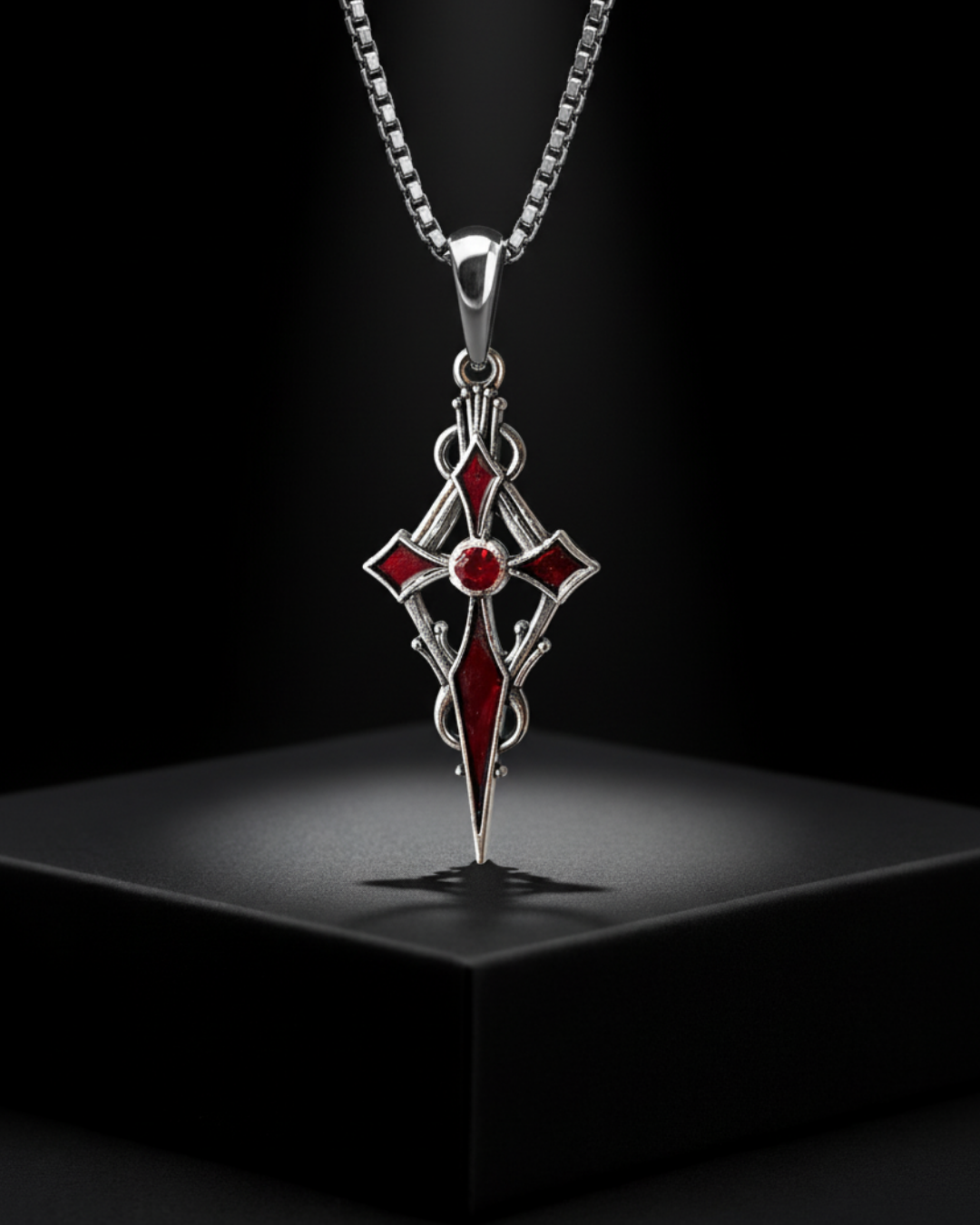 Crypt Bloom Pendant with red gemstones on a black background
