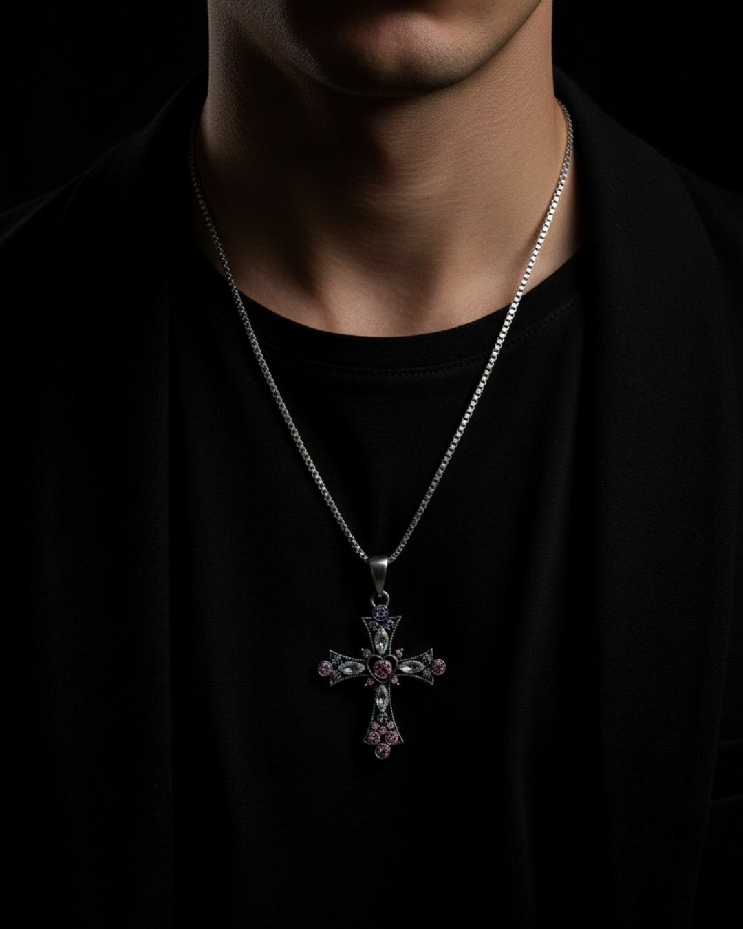 Gothic Nexa Cross Pendant with gemstones on a black background