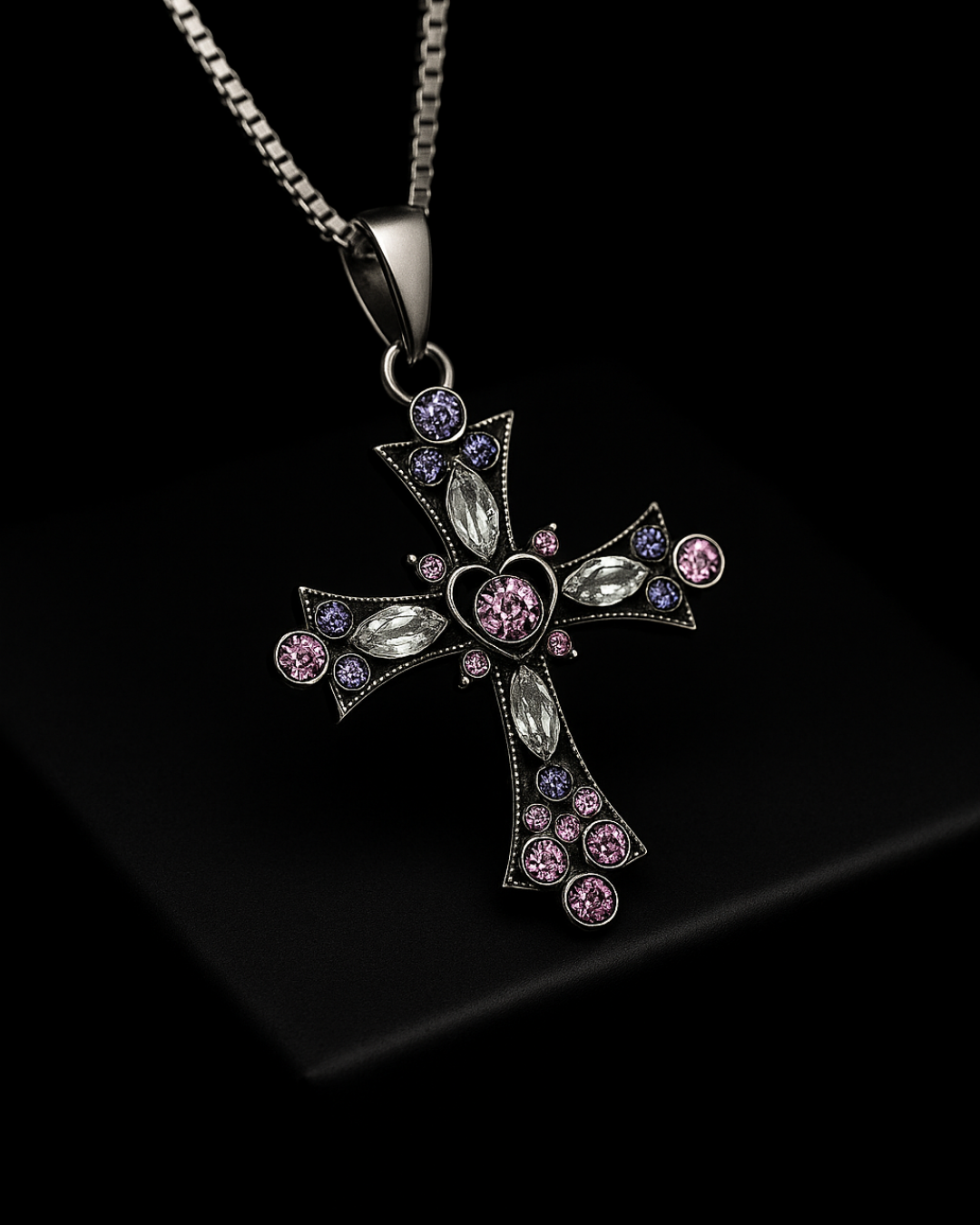 Gothic Nexa Cross Pendant with colorful gemstones on a black background