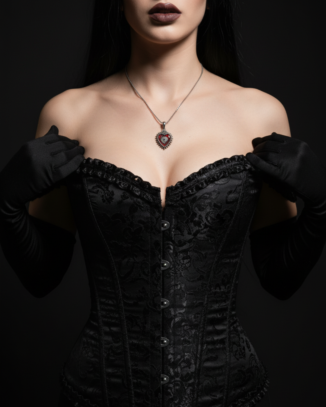 Person wearing aIlluminati Heart Pendant and gloves with a dark background