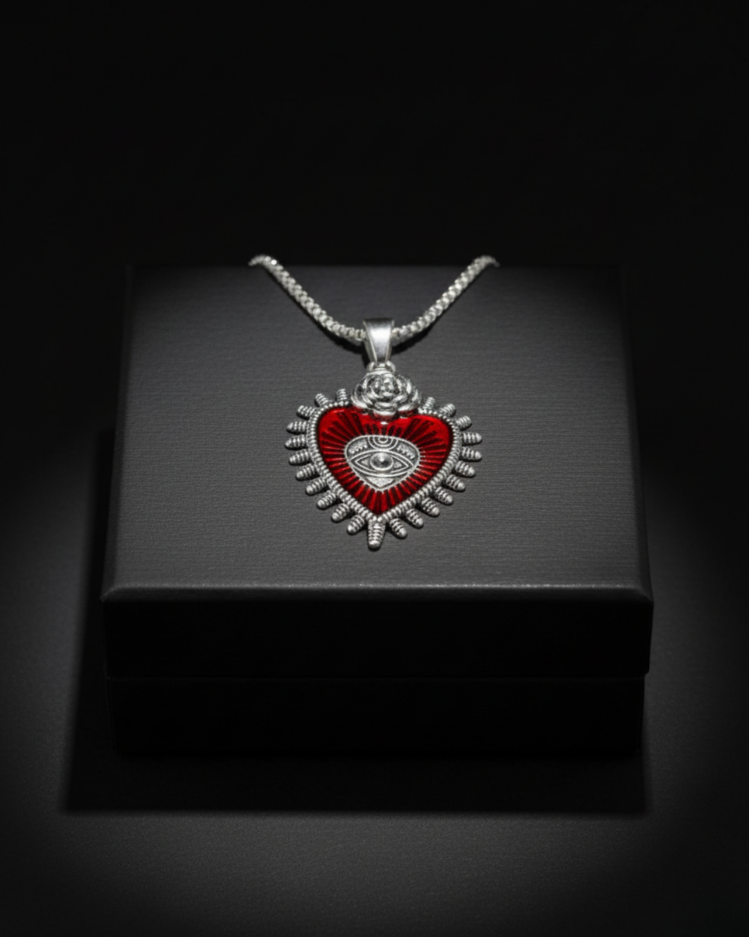 Illuminati Heart Pendant with red center and silver accents on a black box