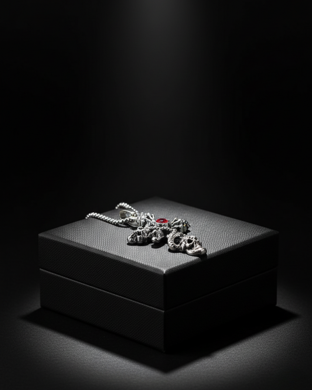 Skull Cross Pendant on a dark box with dramatic lighting