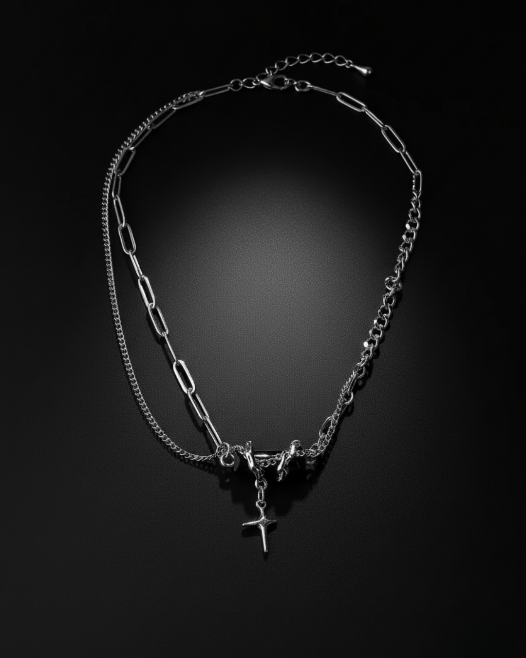 Silver chain necklace with a Zenshadow Onyx Neckpiece on a black background