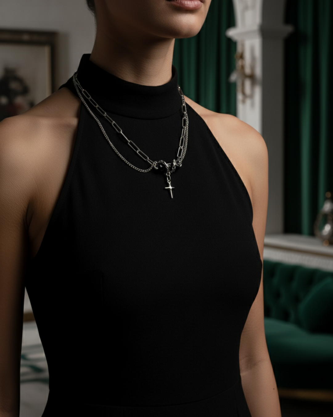 Person wearing a black halter neck dress with layered Zenshadow Onyx Neckpiece in an indoor setting.