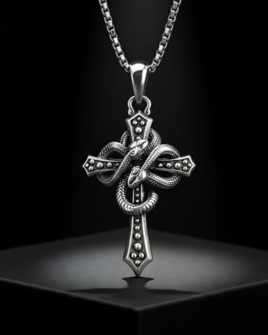 Alchemist's Cross Pendant with snake design on a dark background
