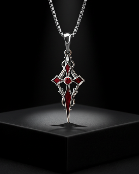 Crypt Bloom Pendant with red gemstones on a black background