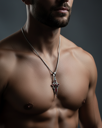 Man wearing a necklace with a red and Crypt Bloom Pendant on a dark background