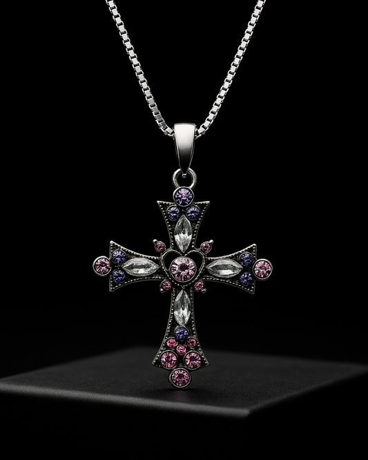 Gothic Nexa Cross Pendant with colorful stones on a black background