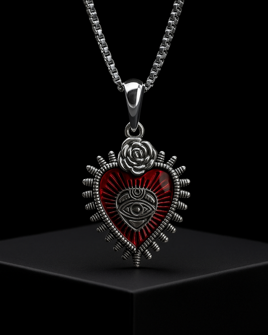Illuminati Heart Pendant with rose and eye design on a black background