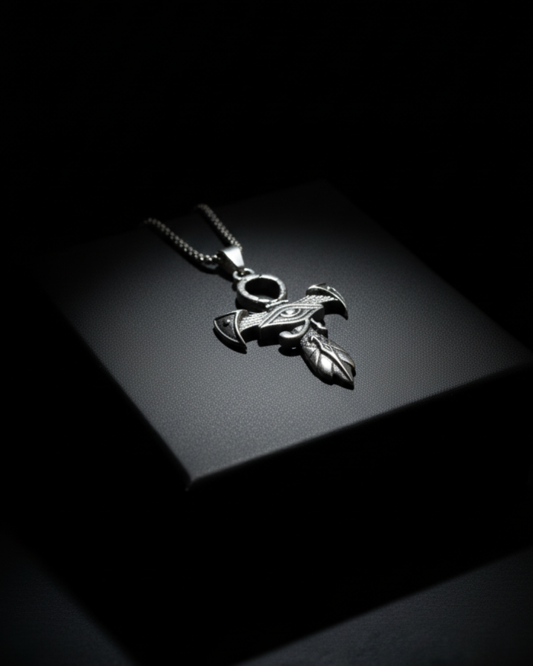 Odin's Gaze Pendant with leaf design on a dark background