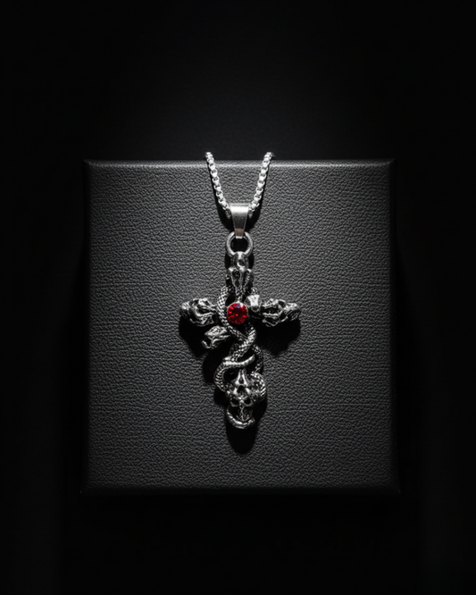 Skull Cross Pendant with a red gemstone on a dark background