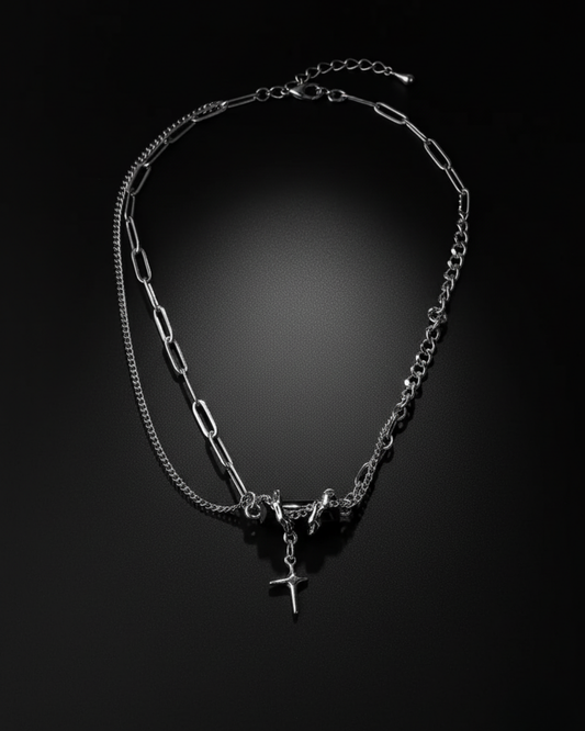 Silver chain necklace with a Zenshadow Onyx Neckpiece on a black background